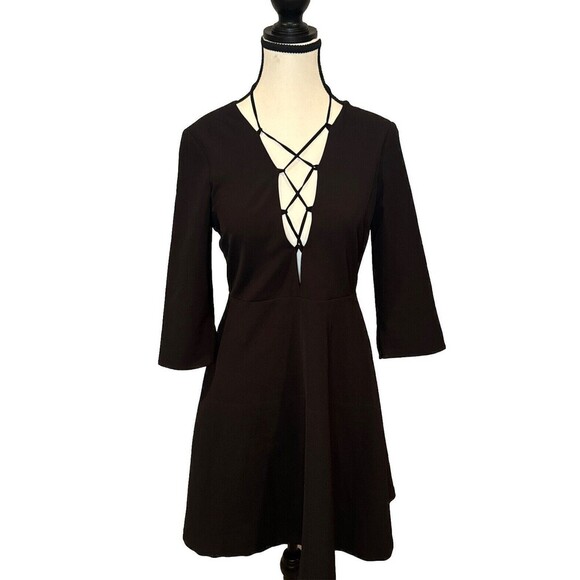 Zara Basic Women’s BLACK Lace Up Front Fit & Flair Dress 3/4 Sleeves Sz S  NWT - Picture 1 of 11